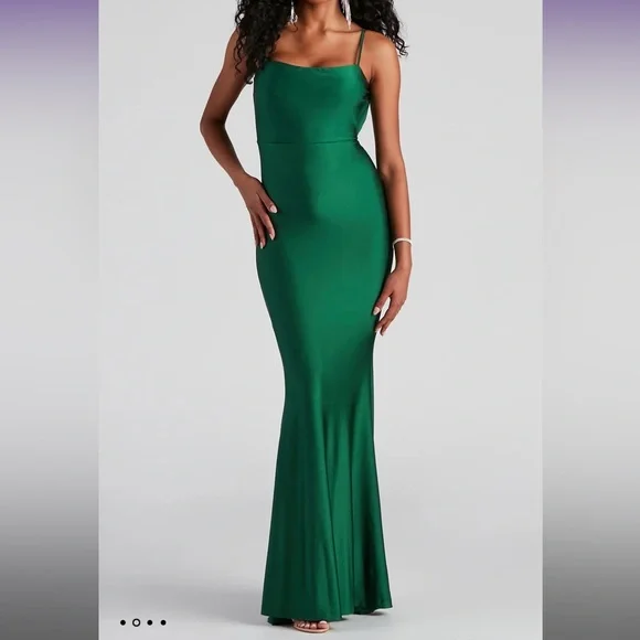 Meadow Formal Open Back Ruffled dresses in hunter green. L & XL - Picture 3 of 4